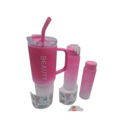 Vaso con sorbete 3 en 1, color rosa. Hermoso diseño.